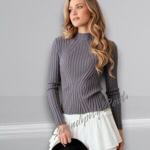 Super Stretchy Comfy Ribbed Mock Neck Long Sleeve Heather Grey Bodycon Top